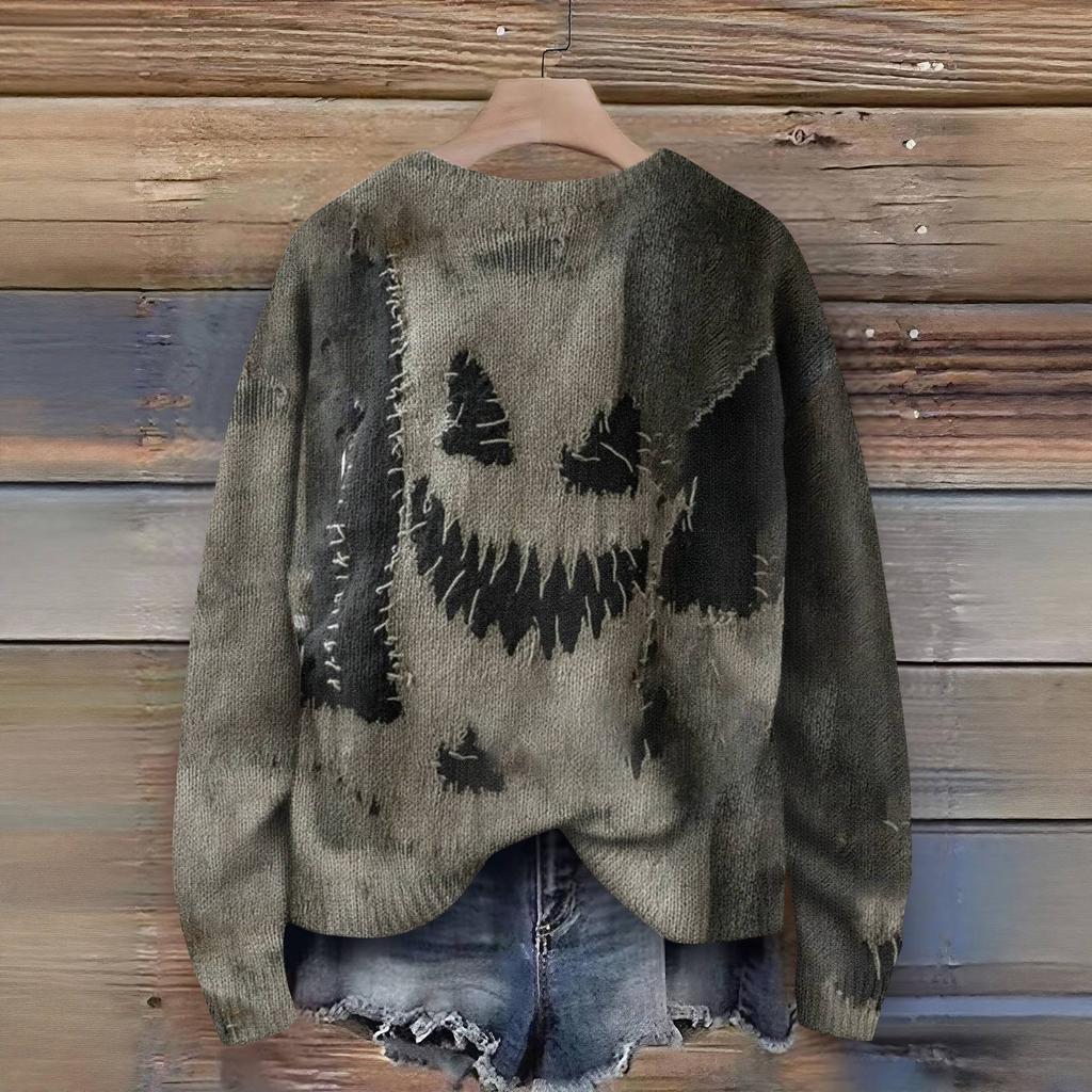 Long Sleeve Pullover Sweaters For Women O Neck Casual Cute Printing Knit Oversized Sweater