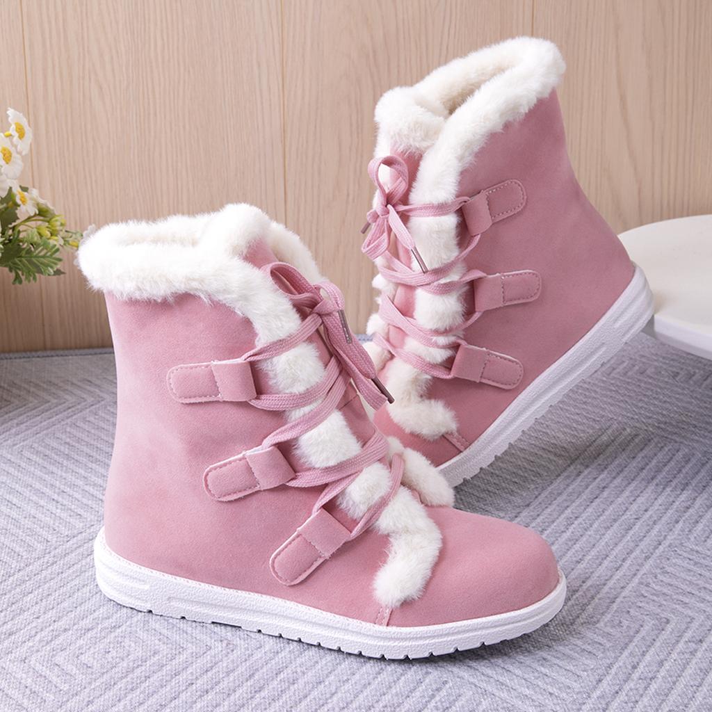 Fashion Women Shoes Winter New Plush Waterproof Anti-Slip Women Snow Boots Thermal Insulation Lace Up Outdoor Mid Calf Boots for Women