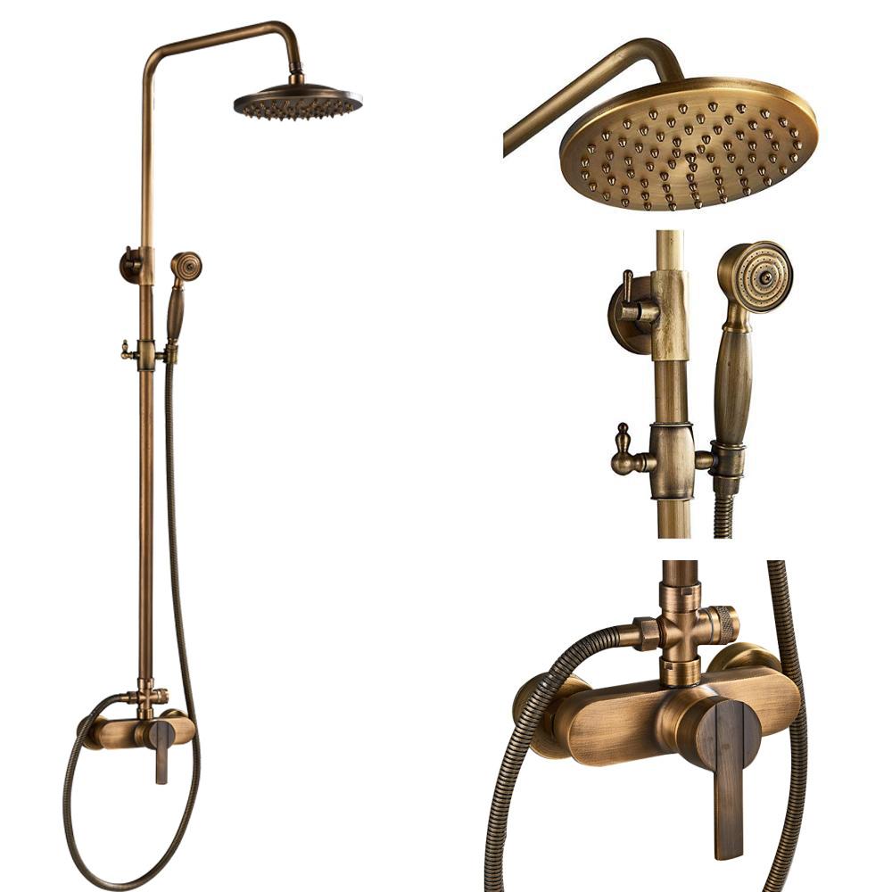 Antique Brass Shower Faucet Mixers Dual Handle Rainfall 8" Brass Shower Head with Bath Storage Shelf and Hooks Shower Water Tap