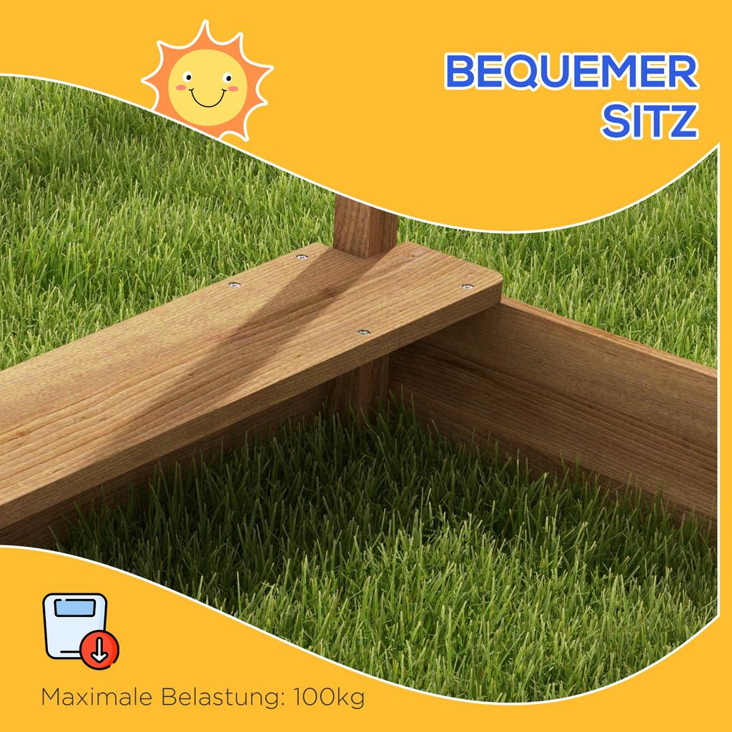 House-Designed Wooden Sandbox, Outdoor Sandpit, with Blackboard, Toys, Sink, Seats, Flags, for Ages 3-7 Years - Brown