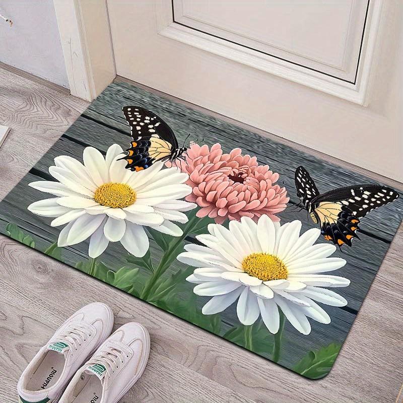 Butterfly Daisy Printed Non-Slip Floor Mat Soft Comfortable Decorative Area Rug for Kitchen Living Room Bedroom Entrance