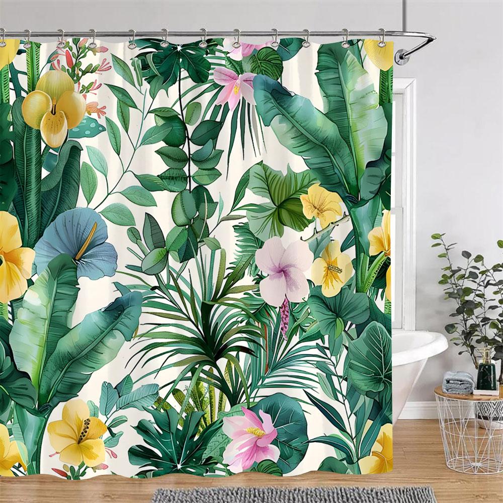 Tropical Plants Floral Shower Curtain Green Palm Leaves Pink Flowers Polyester Fabric Shower Curtains Bathroom Decor With Hooks