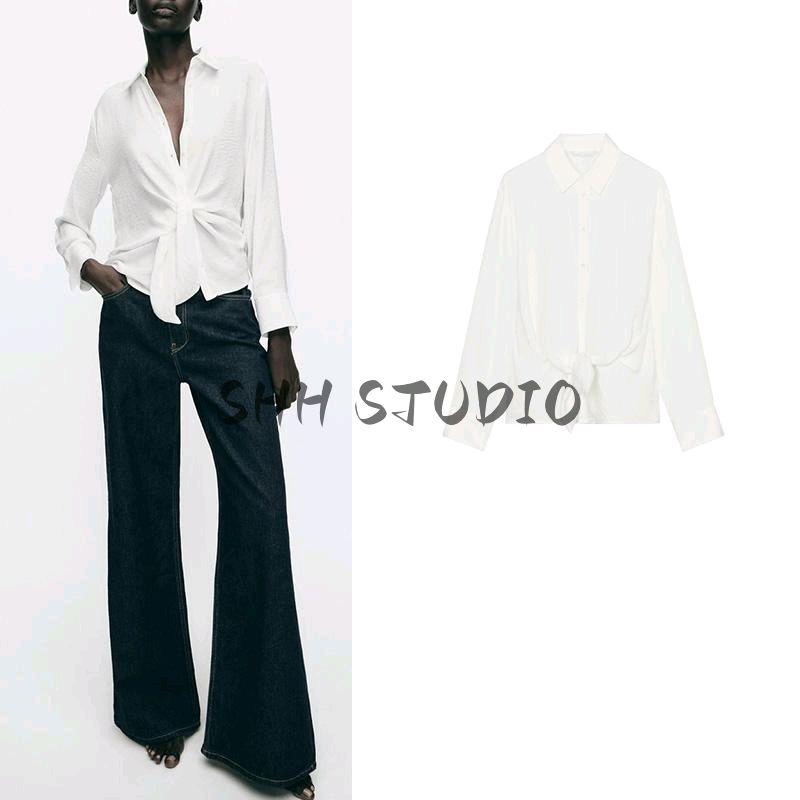 Spring New Women's Clothing Minimalist Style Bow Tie Drape Loose Long Sleeves Lapel Casual Shirt 2298057