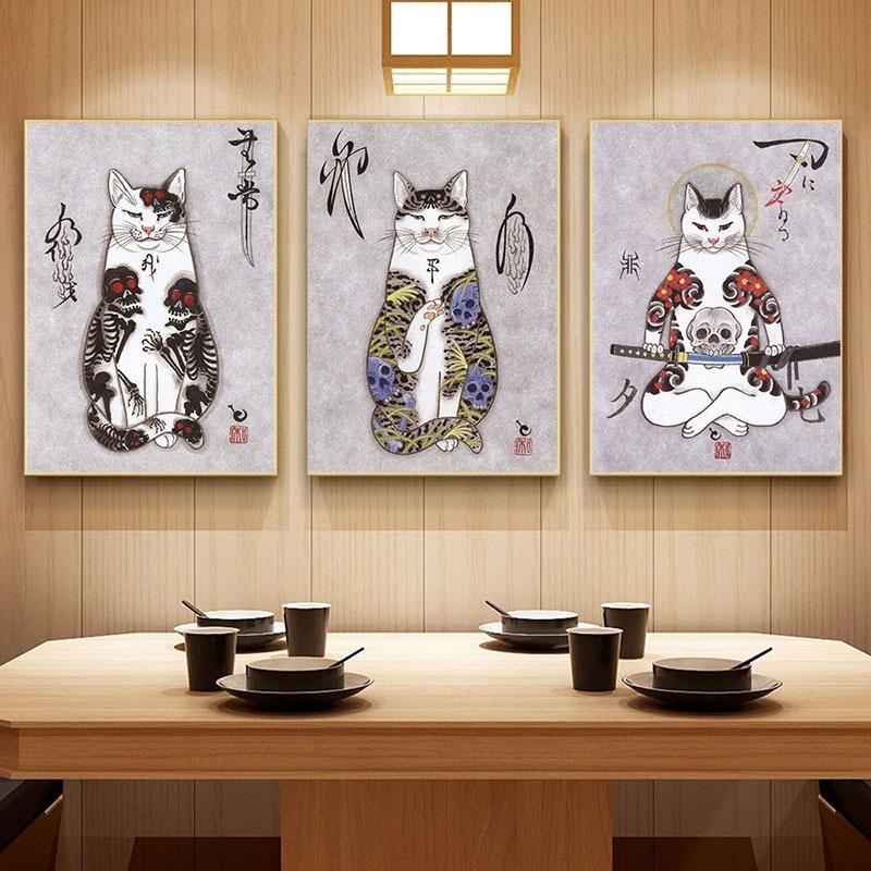 Retro Art Poster Japanese Style Funny Tattoo Pattern Cat Pictures Canvas Print Living Room Wall Art Corridor Home Decor Painting