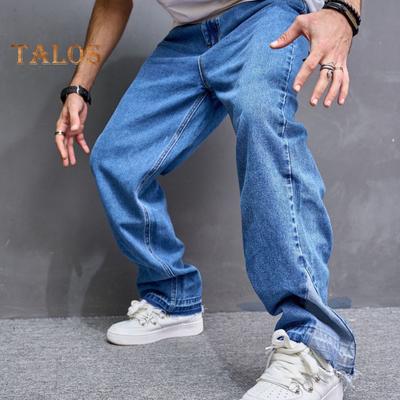Jeans Uomo Vita Media Gamba Larga Dritta Denim Blu con Tasche Colore Unico Stile High Street Casual Pantaloni Lunghi