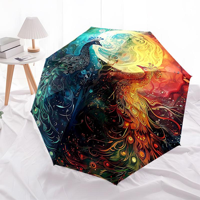 1pc Colorful Peacock Design Automatic Opening/Closing Umbrella, Portable Folding Design with Iron Frame, Outdoor, Gift for Fans, Travelers, Daily Use.