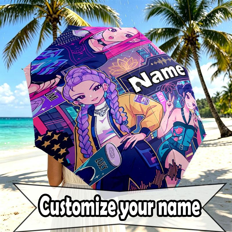 Custom Name Personalized Kpop Demon Hunter Print Umbrella, Auto Open Close, 8‑Rib Sturdy Frame, Commute Camping Hiking Use, Birthday Gift