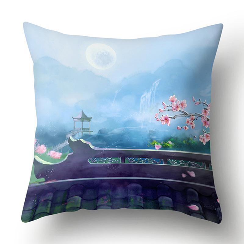 

Polyester Pillow Case Ancient Style Landscape National Style Building Home Soft Furnishing Cushion Cover Pillow core not included