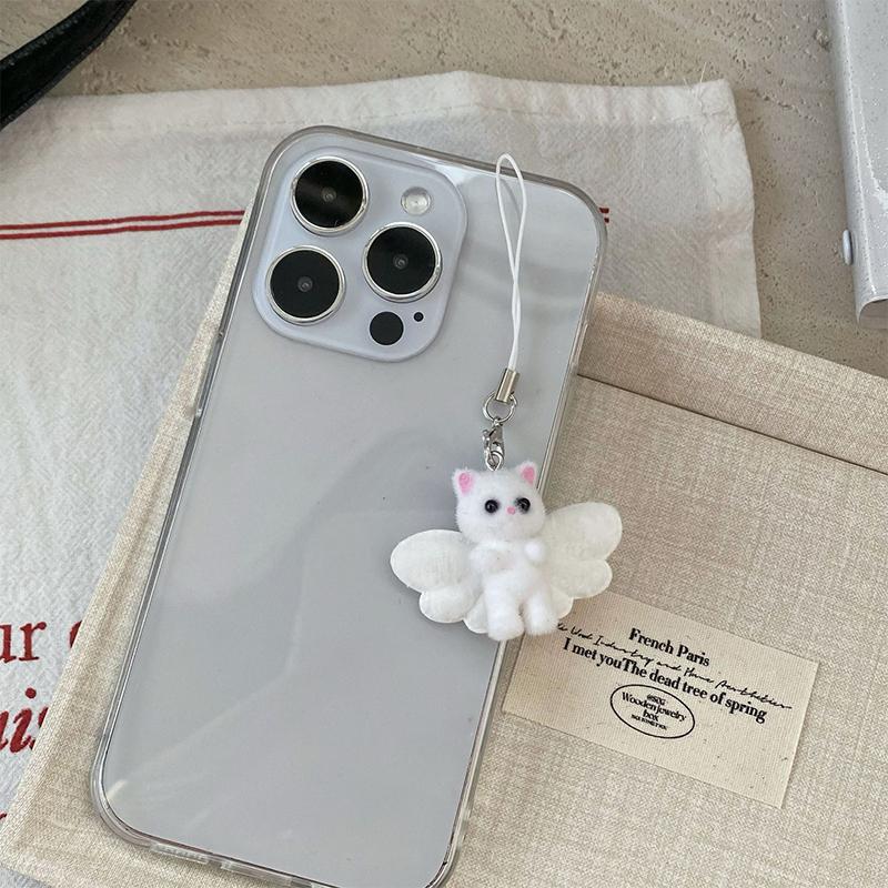 Cartoon Flocking Cat Pendant Keychain Y2K Butterfly Wings Key Ring For Women Girls Cute Camera Bag Pendant Decoration Gifts