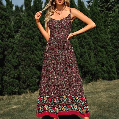Nyári virágos nyomott Boho ruha V-nyakú, ujjatlan hosszú ruha nőknek Elegáns Slim Fit Slip ruha Vestido De Mujer 24869