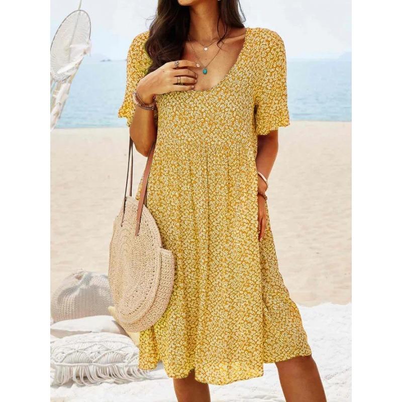 IHUASU Fashion Summer Spring Short Sleeve U-Neck Casual Dresses