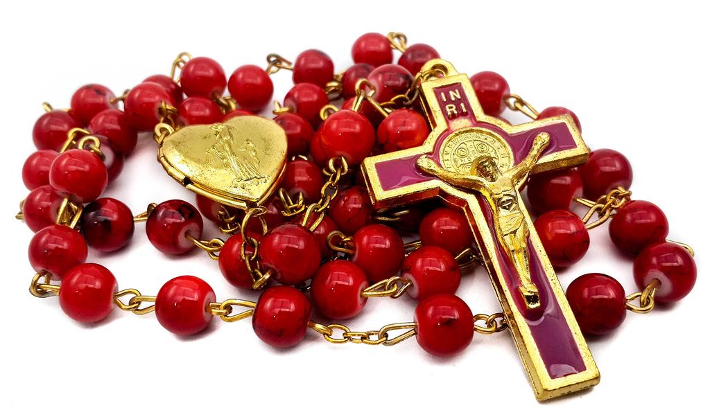 Saint Benedict Rosary Red Glass Beads St San Benito Cross Nr Medal Catholic Necklace