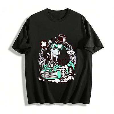 Funny Walrus Racing Car Graphic Print Top Pure Cotton T-shirt