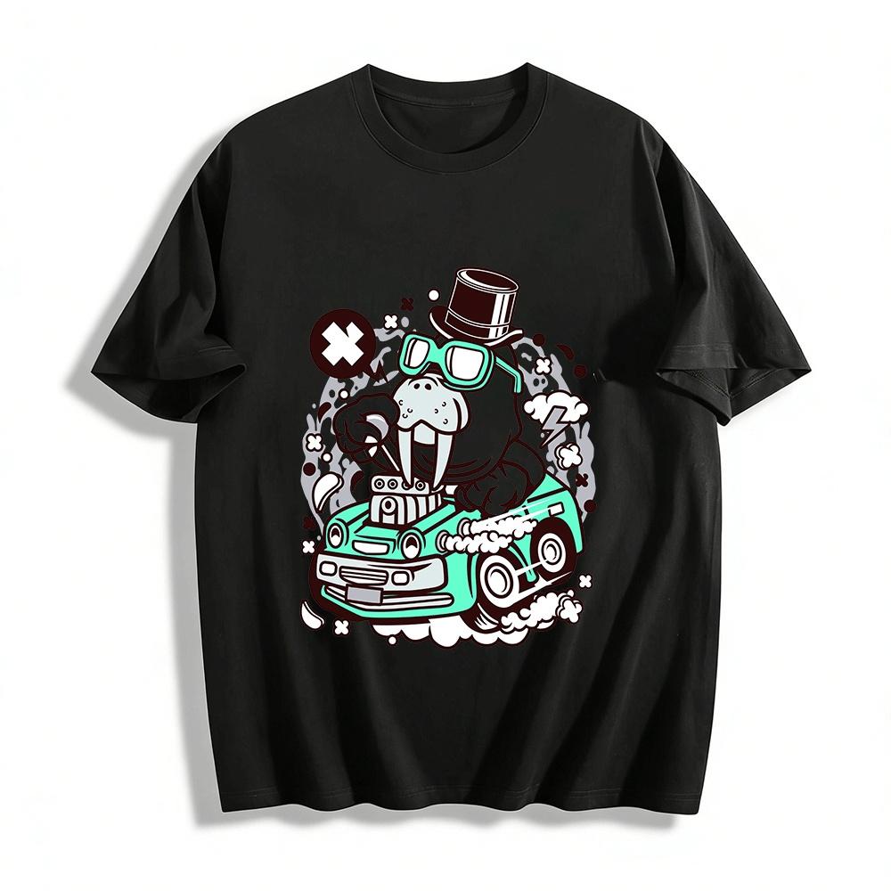 Funny Walrus Racing Car Graphic Print Top Pure cotton T-shirt
