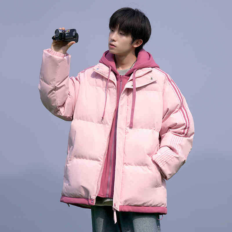 American Hooded Stripe Fake Two Piece Cotton Jacket Men's Jacket Fall Winter 2025 Thickened Warm and Coldproof Padded Jacket