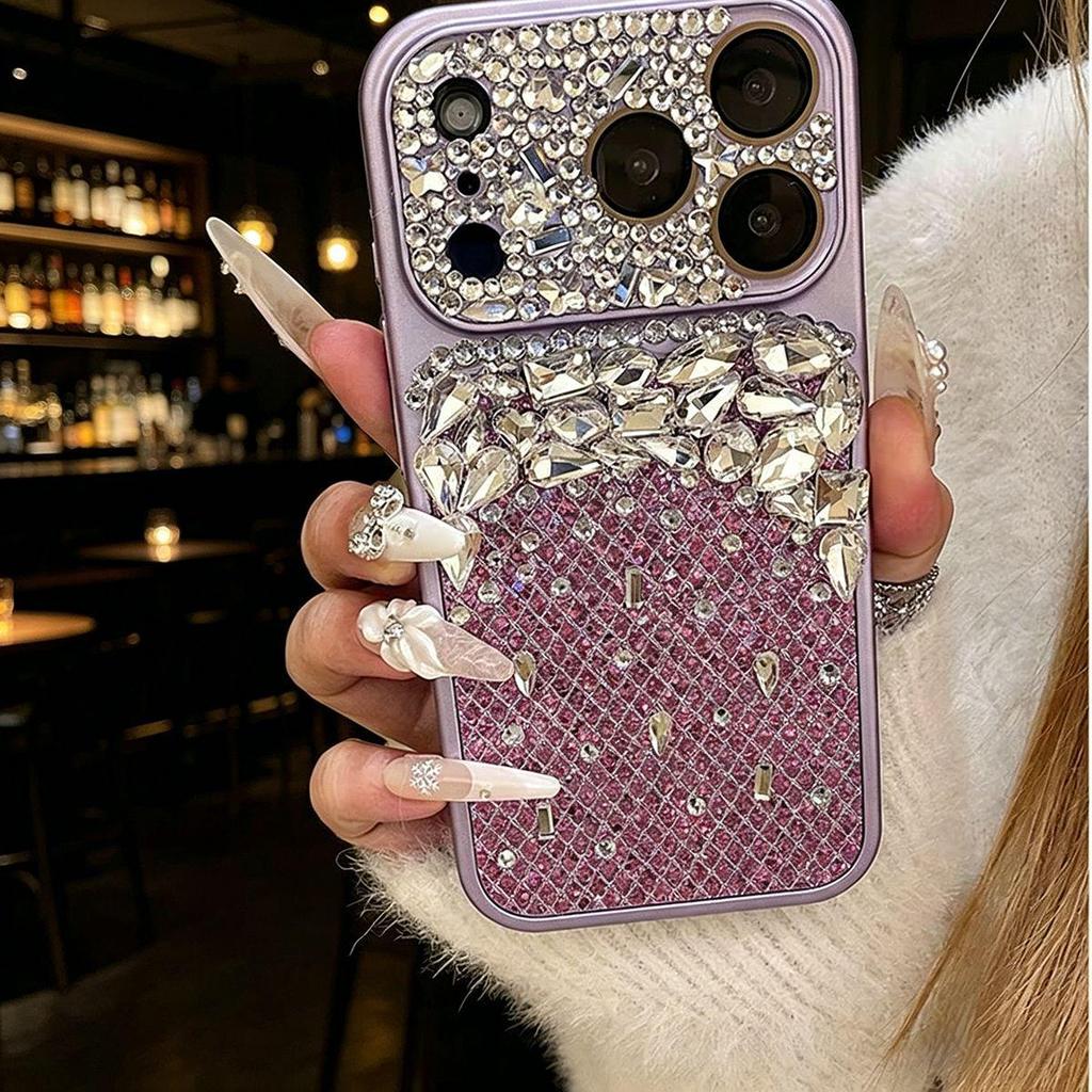 Luxury Leather iPhone 15 Pro Max Case with Hand-Set Rhinestones for Women
