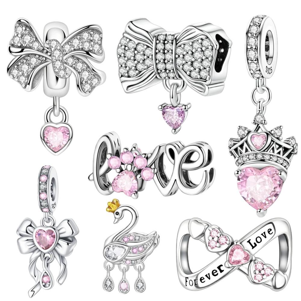 Copper Metal Sparkling Pink Heart Zircon Bead Component Charm Bead Components Swan Crown Dangle Charm Bead Component Compatible With Authentic