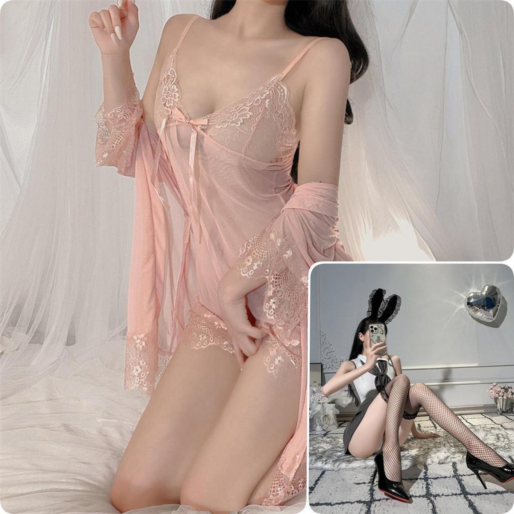 Průsvitná krajková noční košilka a svůdný síťovaný županový set pro ženy