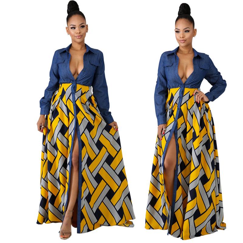 Spring and summer new European and American long dress women's denim with woven printed pendulum splicing dress
