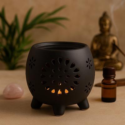 Oil Burner Matt Black Flower Burst