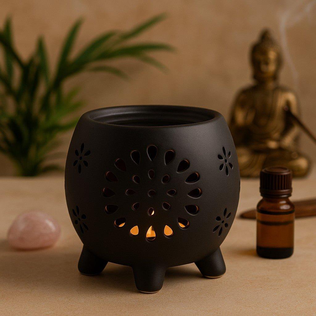 Oil Burner Matt Black Flower Burst