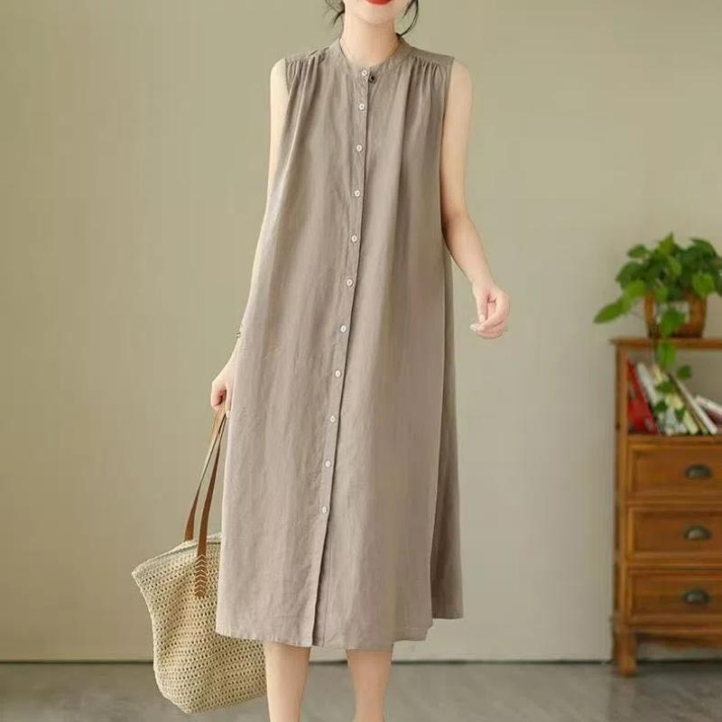 Women's Vintage Simple Casual Cotton Linen Single Breasted Shirt Dresses Summer Ruffled Sleeveless Solid Loose Beach Midi Dress