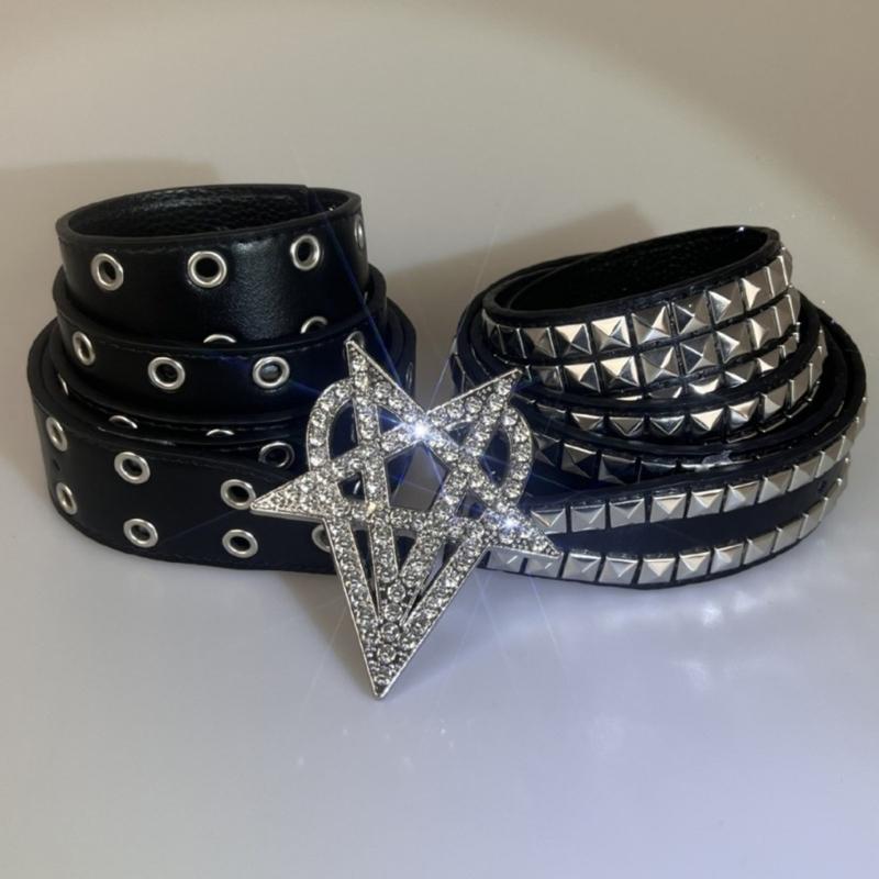 Studded Belt with Metal Eyelets PU Leather Waist Strap Band Punk Gothic Waist Sash with Star Heart Decor for Daily Wear