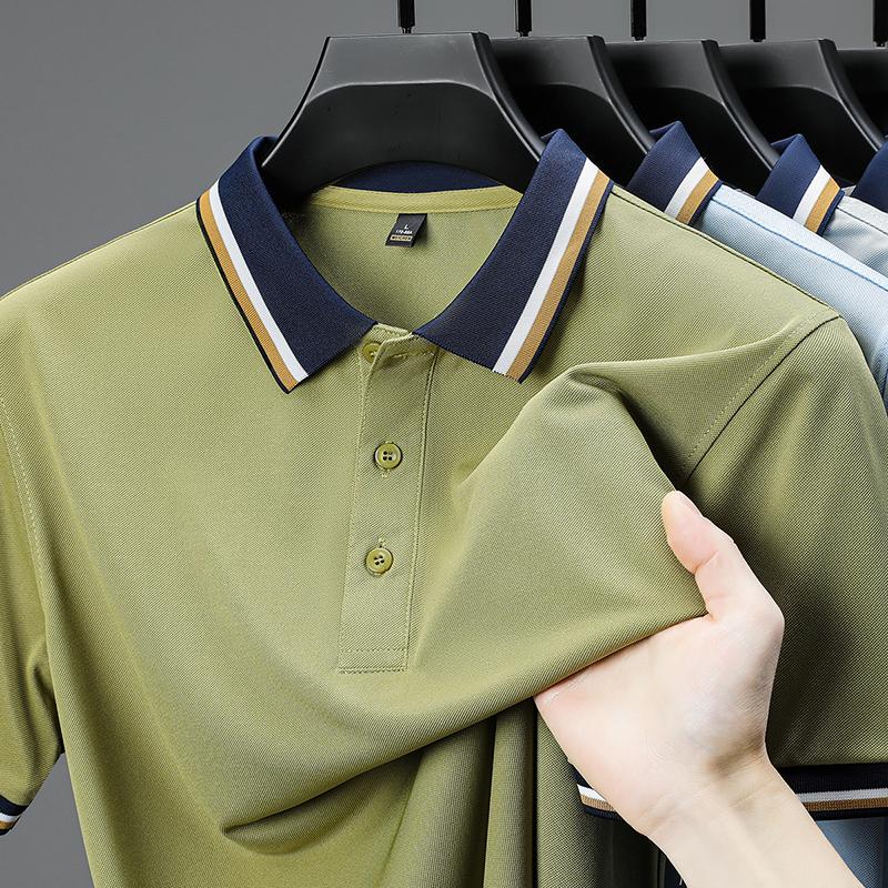 Luxury Fashion Short Sleeve Polo Shirt Men Summer High-end Ice Silk Breathable Personality Striped Color Matching Lapel T-shirt