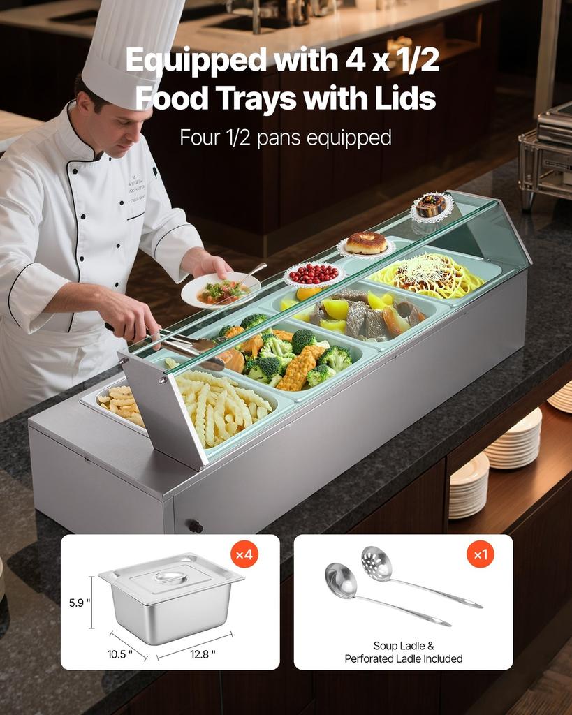 Commercial Food Warmer, 1500W Electric Stainless Steel Steam Food Warmer with Glass Cover, 4-Pan Countertop Buffet Bain Marie with Soup & Perforated