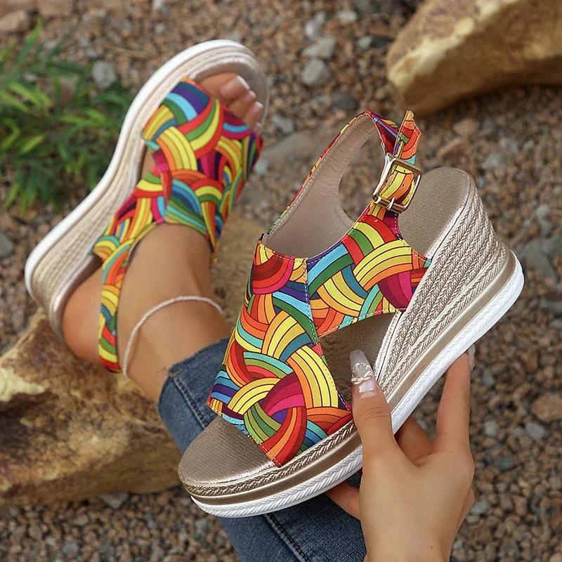 Fashion Rainbow Graffiti Wedge Heels Sandals for Women Summer 2025 Peep Toe Platform Sandals Woman Buckle Strap Thick Bottom Beach Shoes
