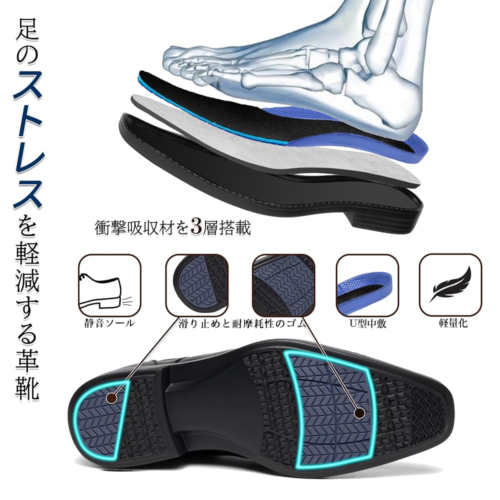 Foxsense Business Shoes [Easy to slip on while standing] Lightweight, genuine leather,