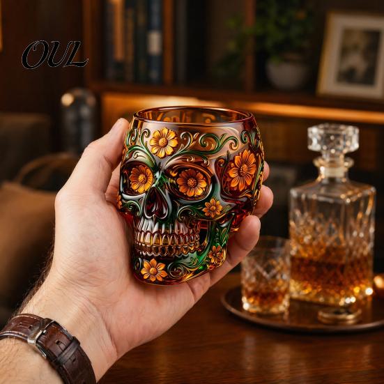 Bicchiere da Whiskey/Vino Giorno dei Morti, con Pittura a Rilievo 3D, Vetro Decorativo Dipinto a Mano per Vetrina, Bicchiere Teschio Gotico, Feste di Halloween
