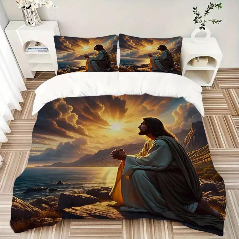 3pcs Anime Jesus Prayer Sunset Scene Comforter Set with 1 Comforter and 2 Pillowcases (No Core) - Home Decor, Holiday Gift, Polyester Fabric, Anime Ca