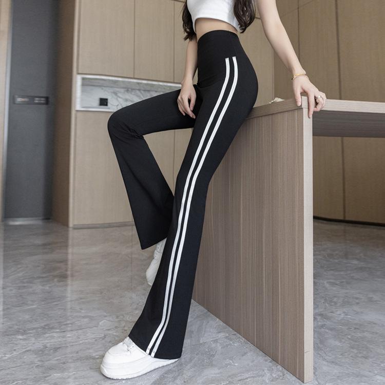 

Plus Size High Waist Shark Flare Pants with White Side Stripe - Women s Spring Slimming Outerwear L чёрный