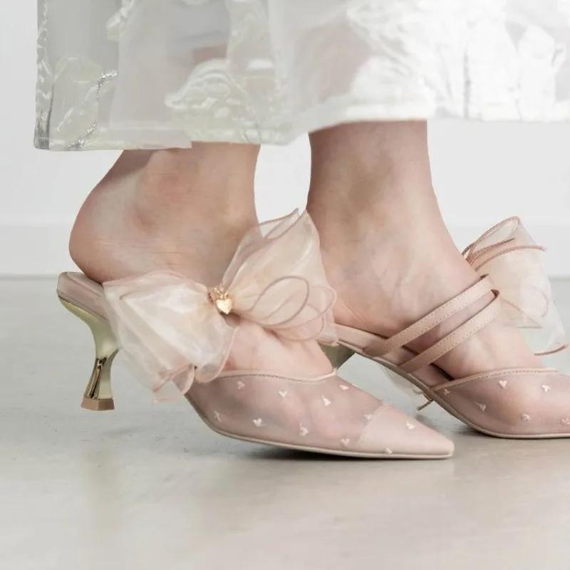 Fashion Fashion Sandals for Women 2025 Spring and Summer New Sweet Bow Flash Diamond Cool Drag Outside Wear Stiletto Baotou High Heel