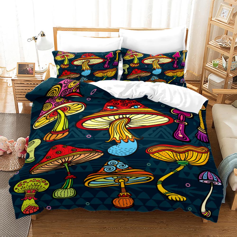 Magic Colorful Mushroom Bedding Set 3D Cartoon Mushroom Bed Linen Single Queen King Full Size Kids Girls Duvet Cover Room Decor