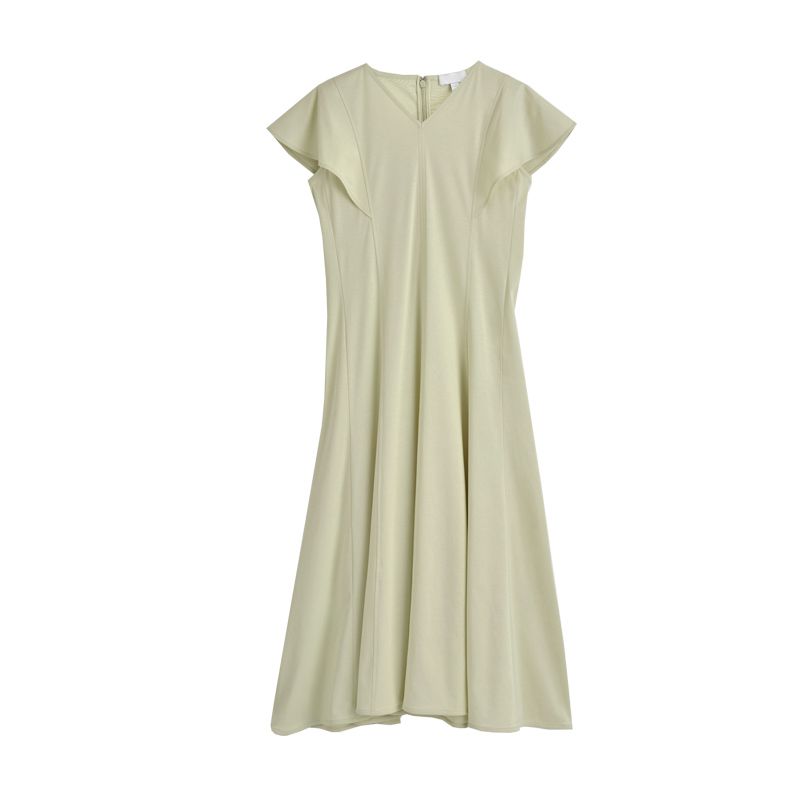 CS Summer New Product Women's Clothes Cotton Pleated V Neck Standard Edition Flounced Sleeve Mid Length Long Length Dress 1272841