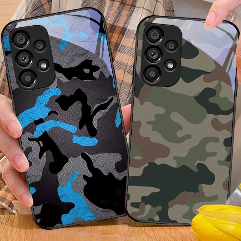 Camouflage Blue For Samsung Galaxy S10 20 Plus 21 FE 22 23 24 FE 25 Ultra Black Tempered Glass Phone Case Hard Shell