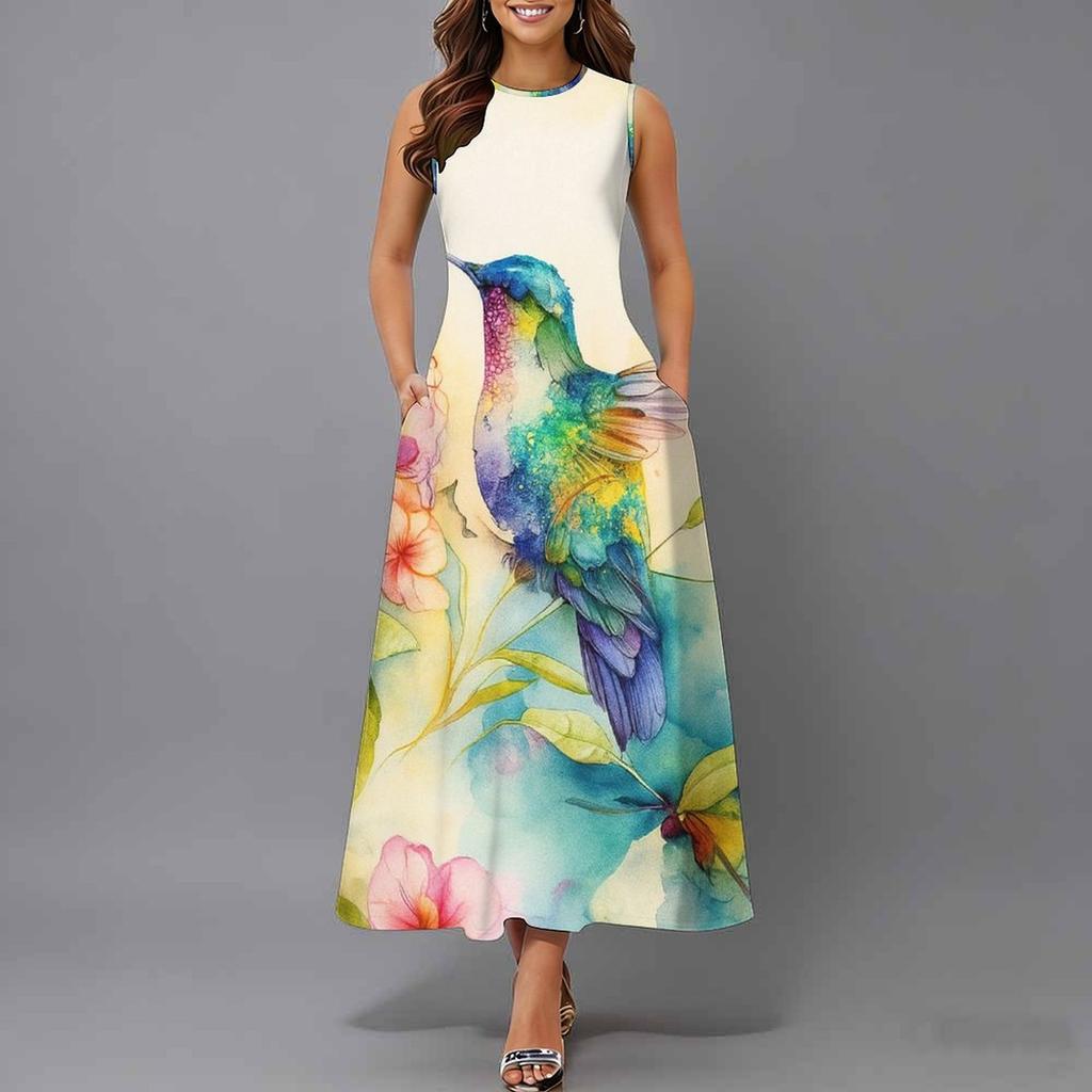 Plus Size Sleeveless Round Neck Dress Retro Tiny Floral Print Flowy Midi Dress