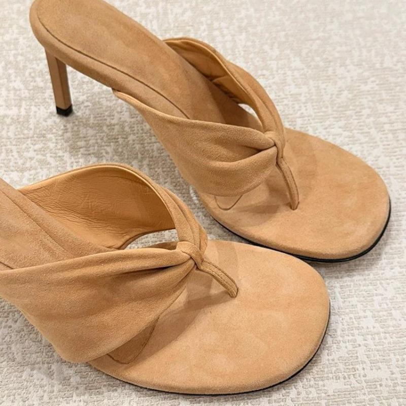 Chanclas de tacón de aguja francés de ante de cuero para mujer, nuevas sandalias de tacón alto de primavera y verano