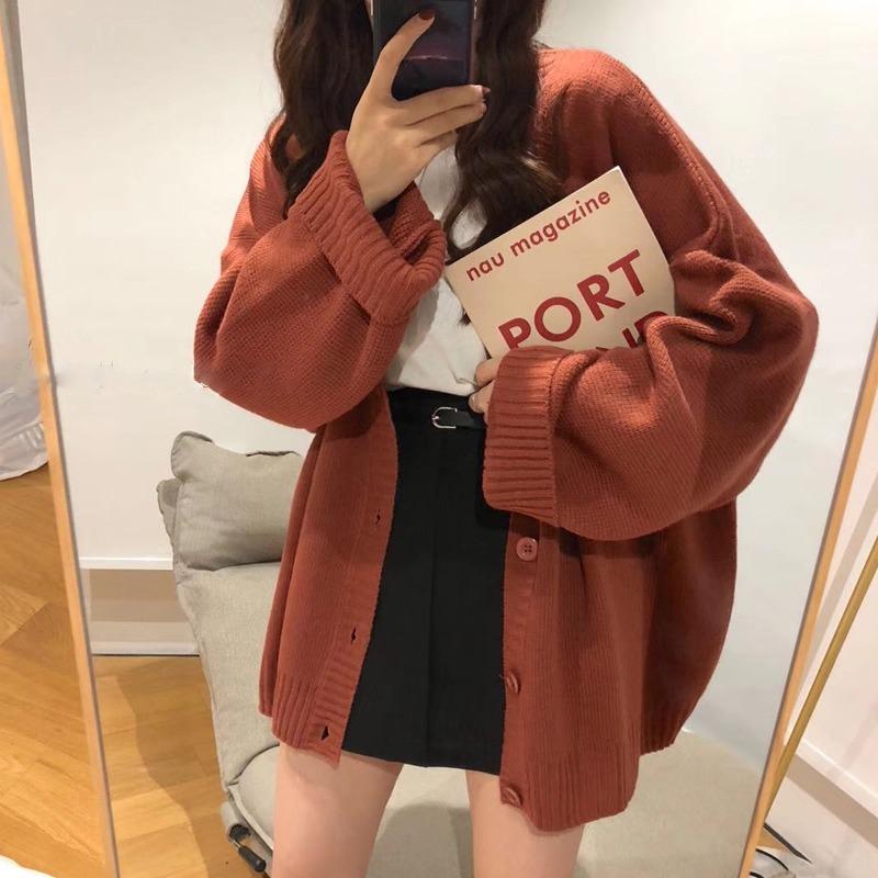 Autumn Winter Korean Fashion V-neck Cardigan Sweater Knitted Loose Casual Coats Office Long Sleeve Elegant Solid Color Jackets Simple Clothing