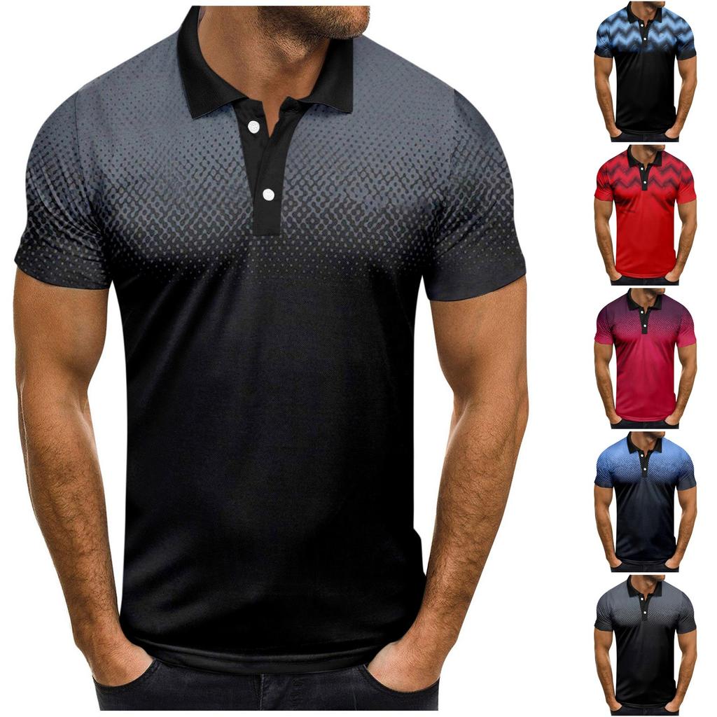 Men's Fashion Casual Short Sleeve Gradient Printed Lapel T-Shirt Tops