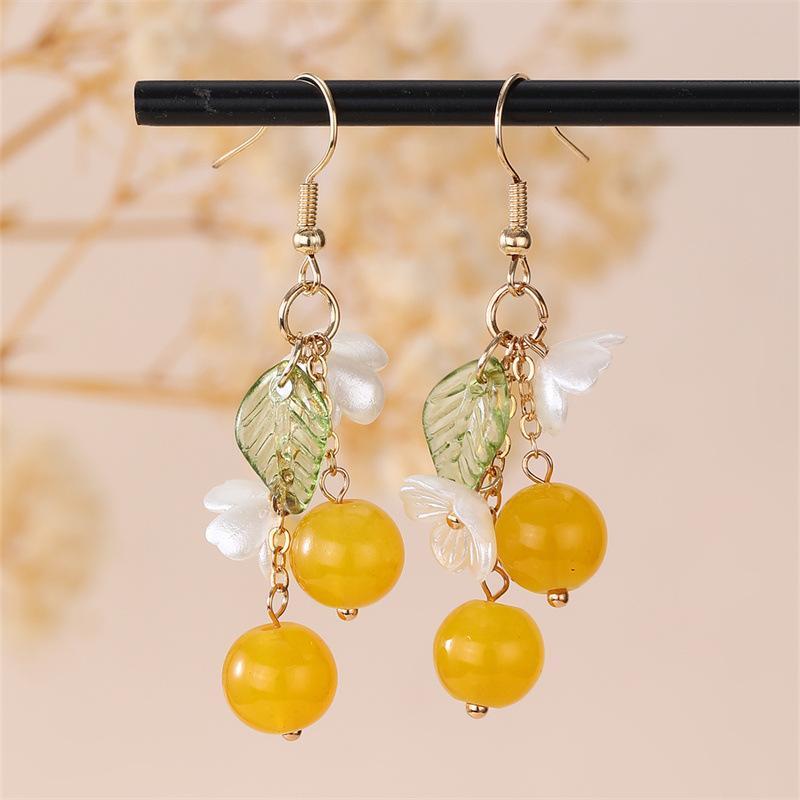 Cute Cherry Dangle Earrings White Flower Green Leaf Accent Suitable For Daily Wear Gifts For Women
