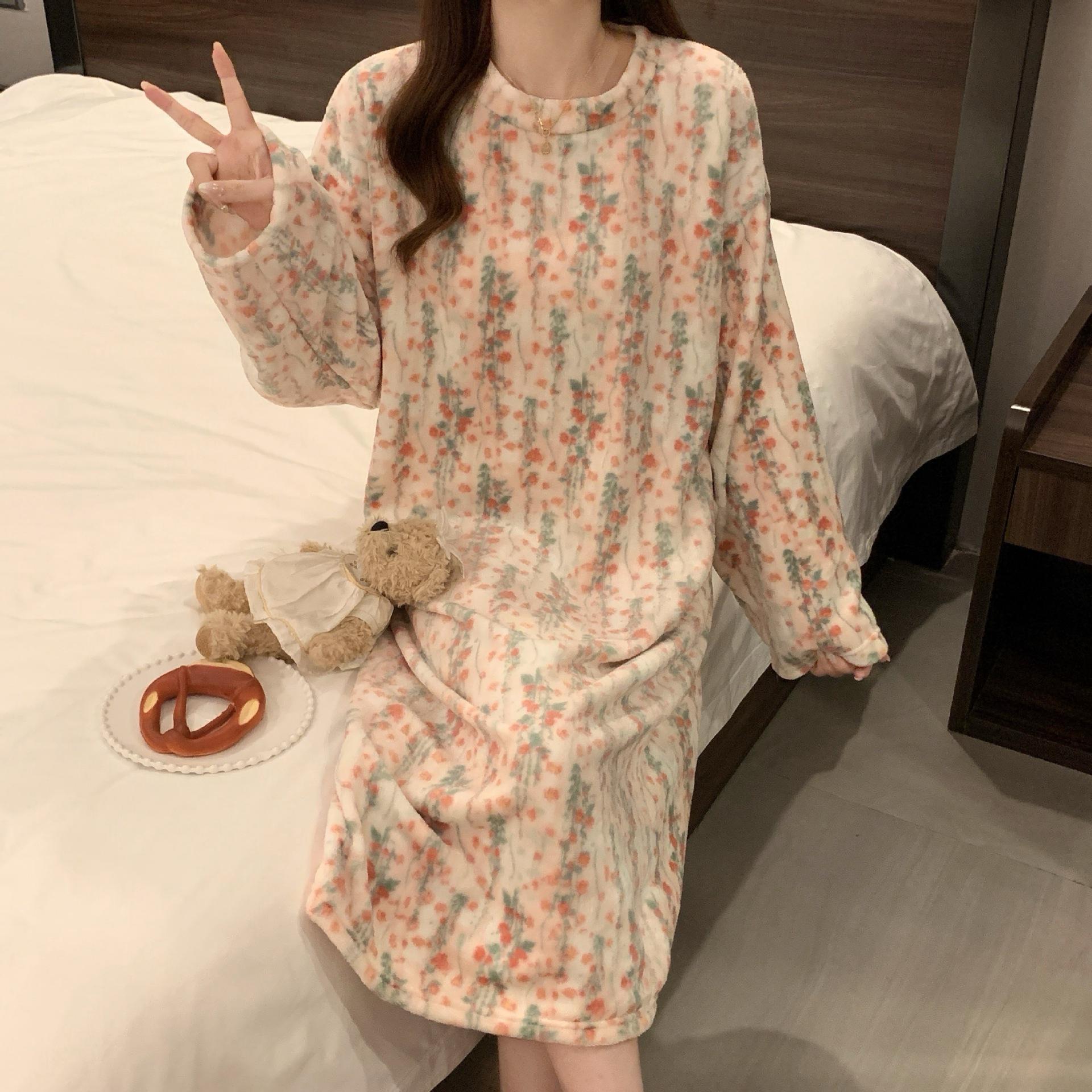 Women s Winter Warm Flannel Fleece Pajama Set, Plus Size, Round Neck, Wearable Outside M-L