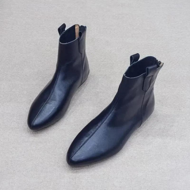Women Boots Short Genuine Leather Pointed Toe Fashionable New Flat Bottom Back Zipper Short Boots for Women Fashion Casual