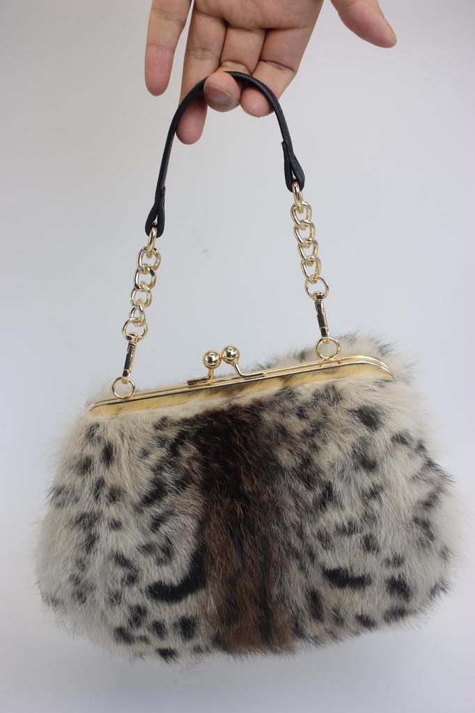 Fosrion Echte Kaninchenfell-Verschluss Handtasche für Damen, Klein, 2-Wege, Tierprint, mit Schultergurt (Braunes Kamm-Muster)