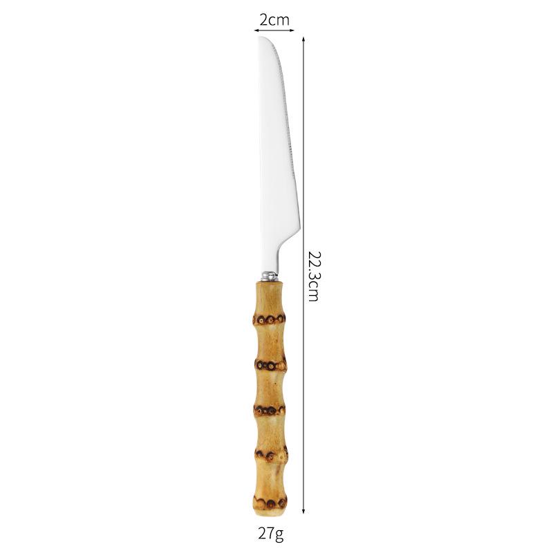 Bamboo Handle Cutlery Set: Solid Wood Steak Knife, Fork, and Spoon with 304 Stainless Steel Retro Design.