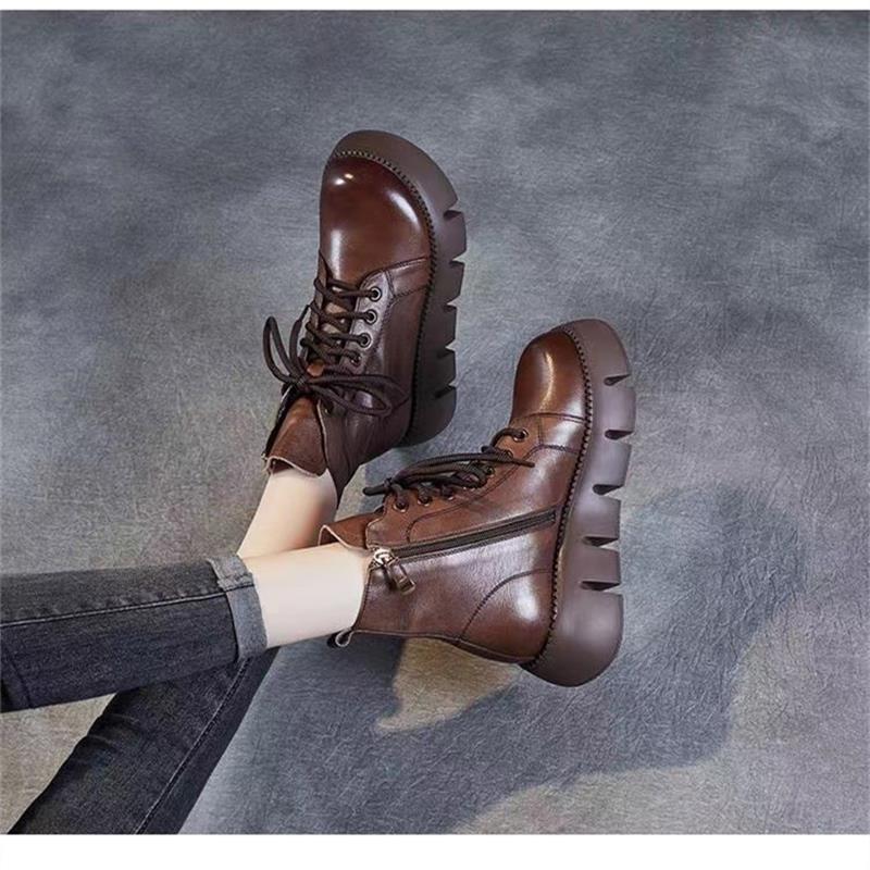 Korean version of soft leather thick-soled Martin boots women's thin boots 2025 new autumn and winter short boots retro versatile knight boots