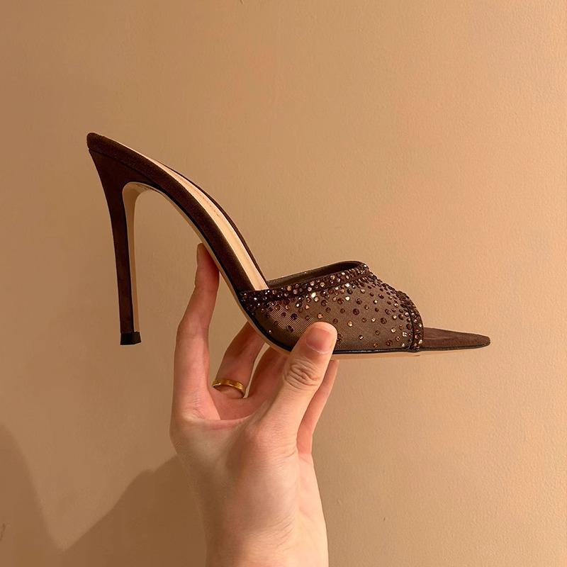 Open-toed pointed mesh rhinestone one-word drag women 2025 new summer wear temperament thin heels high heels cool slippers women