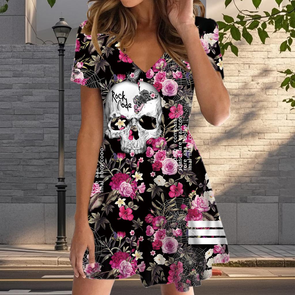 Summer Fashion Women's V Neck Short Sleeve Rose Skull Printed Dress Sex Short Skirt Dresses